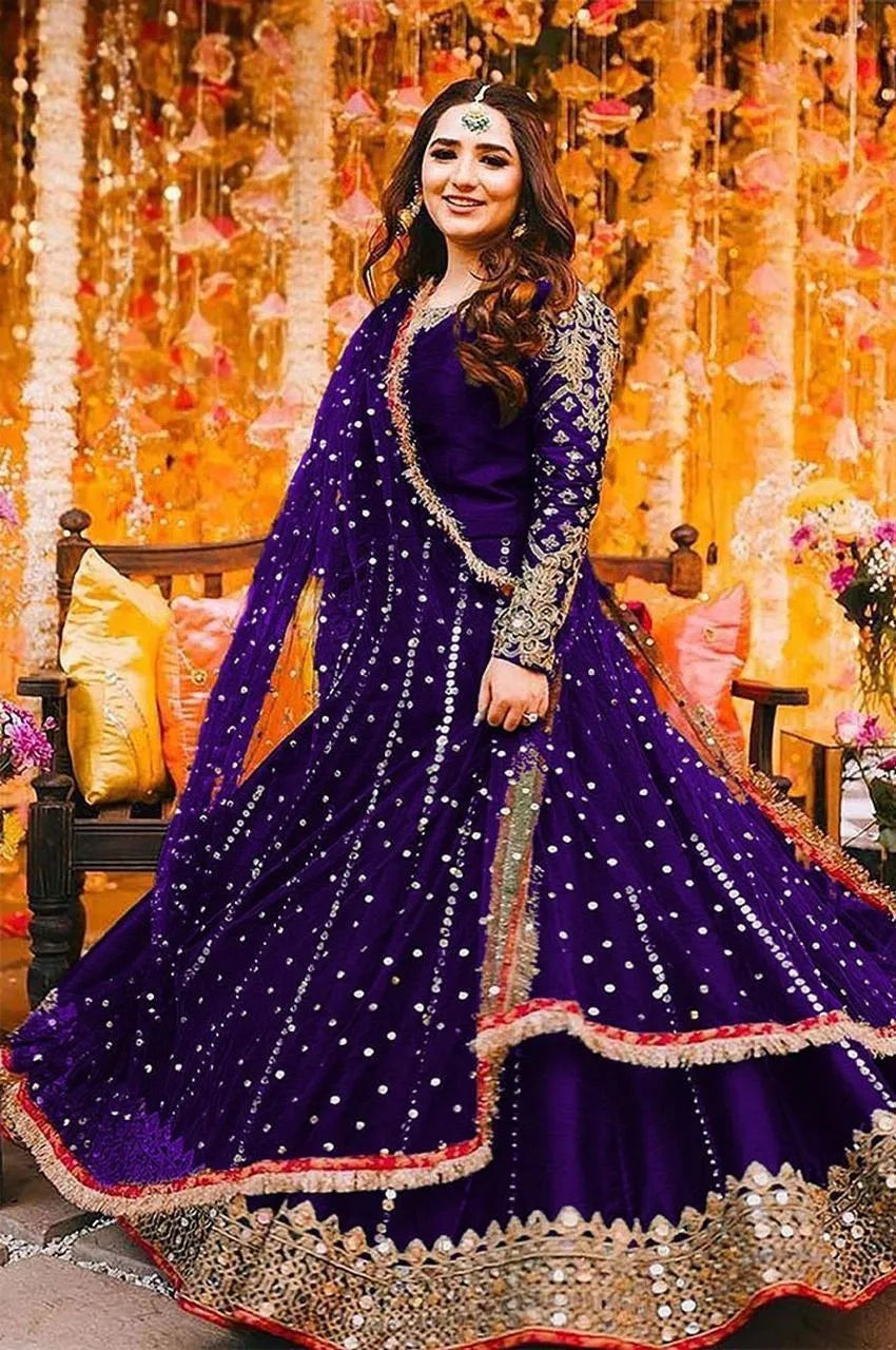 3 Pcs Women's Stitched Shamoz Silk Mirror Work Maxi Suit