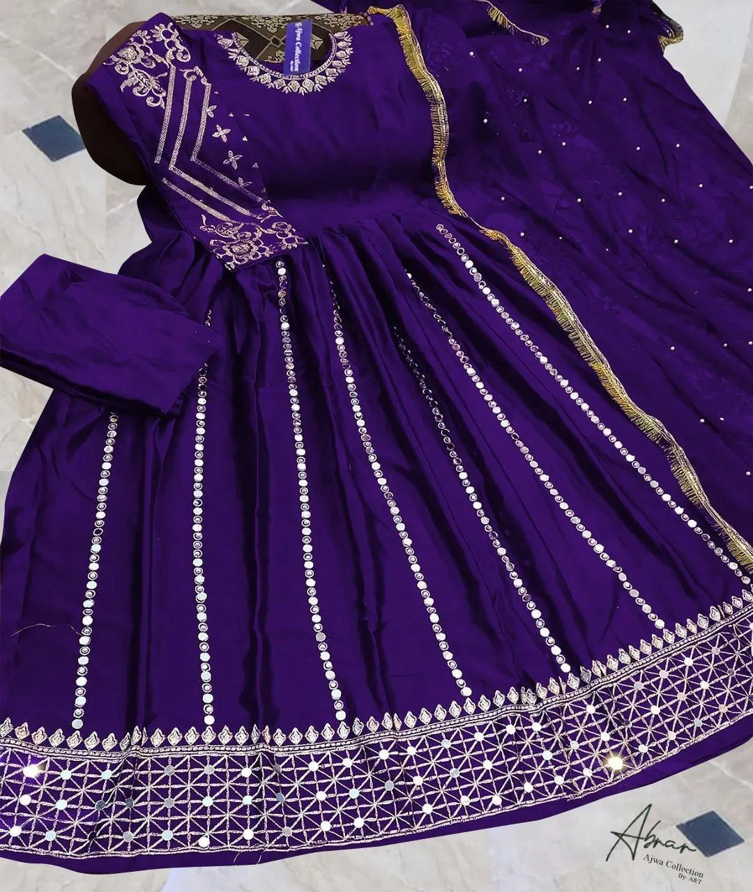 3 Pcs Women's Stitched Shamoz Silk Mirror Work Maxi Suit