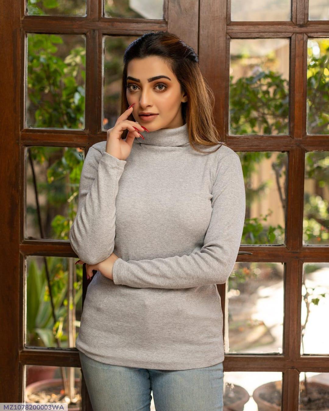 1 Pc Women's Stitched Rib Plain High Neck