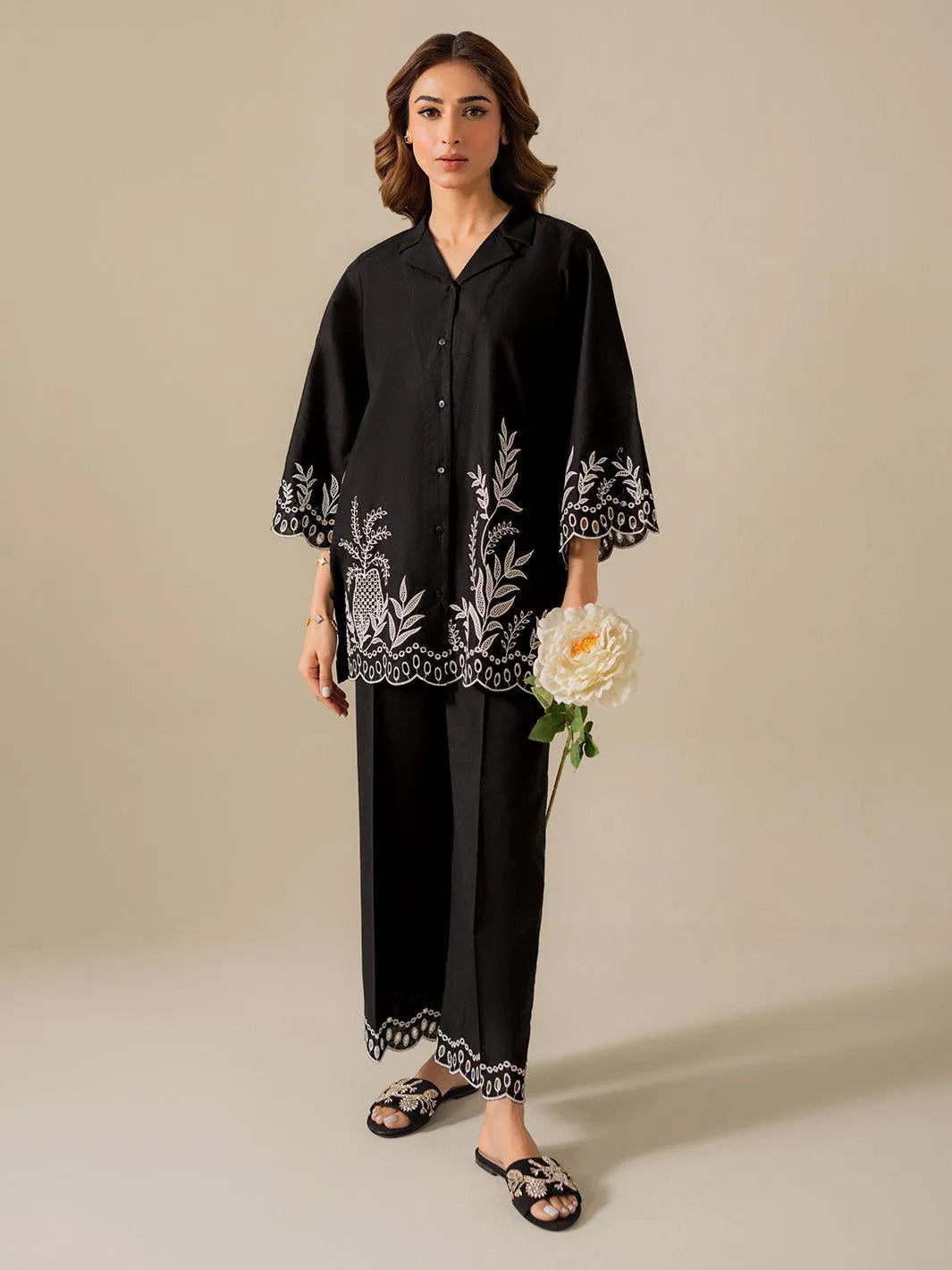 2 Pcs Women's Stitched Cotton Embroidered Shirt And Trouser (Black)