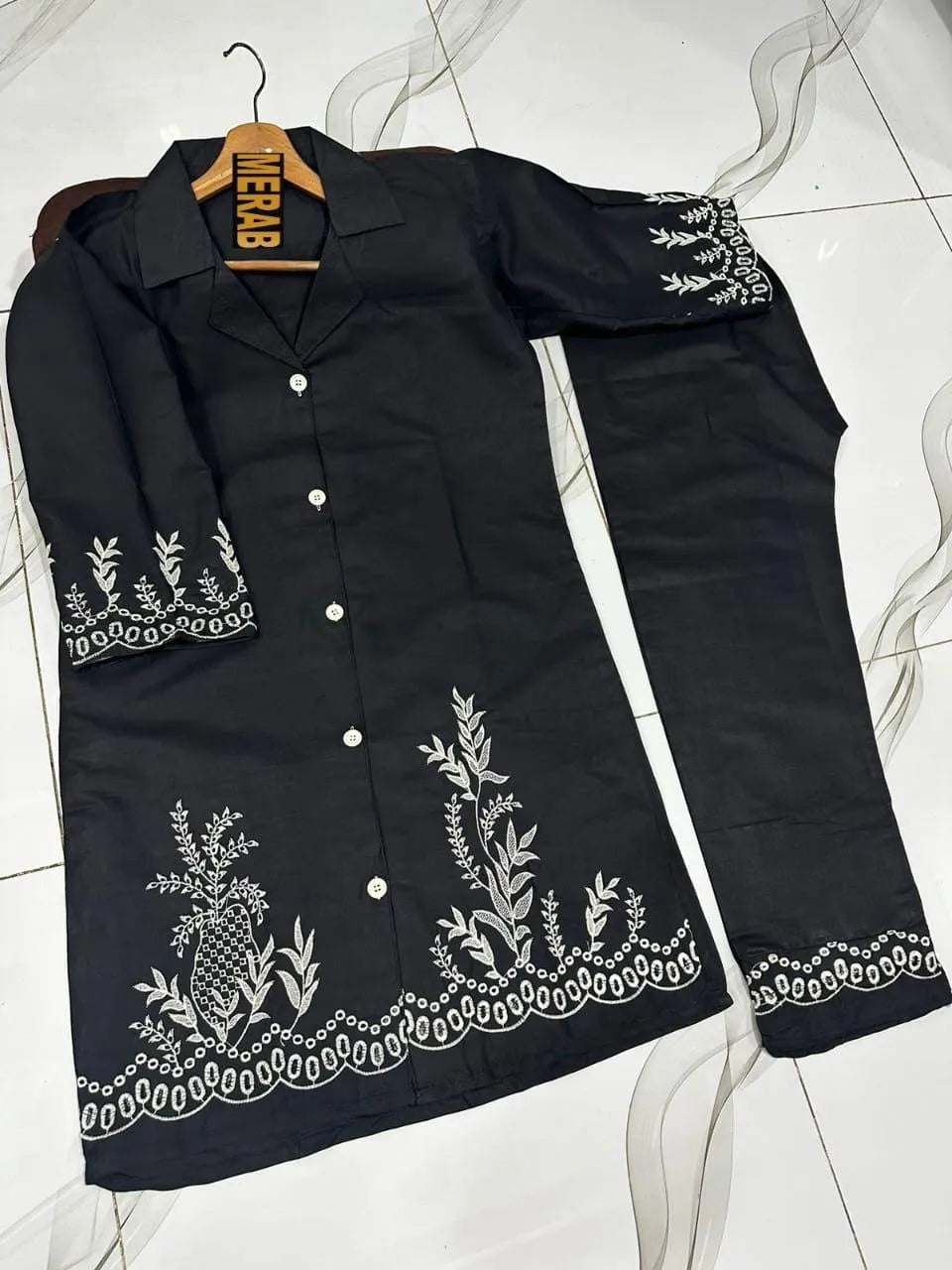 2 Pcs Women's Stitched Cotton Embroidered Shirt And Trouser (Black)