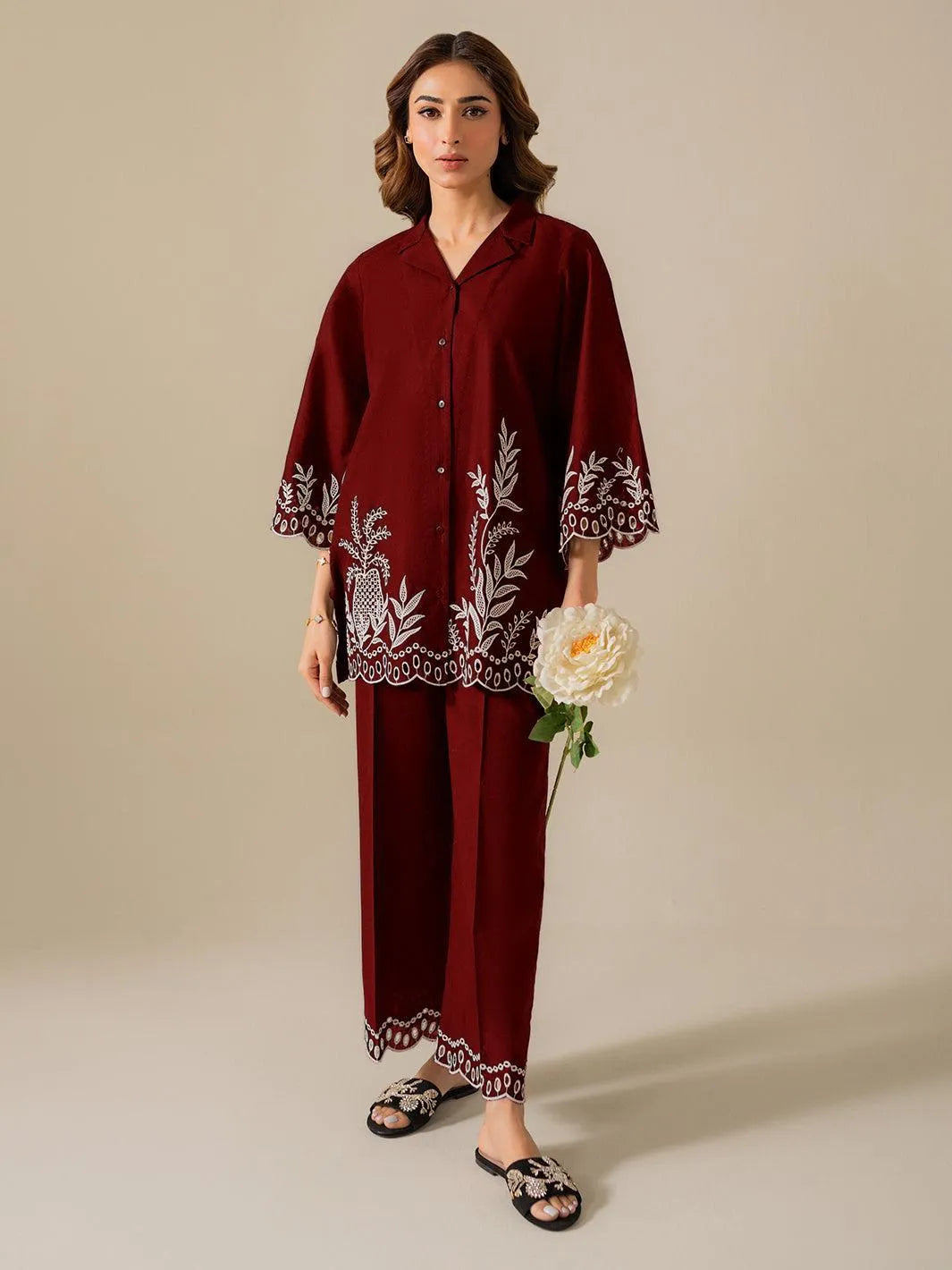 2 Pcs Women's Stitched Cotton Embroidered Shirt And Trouser