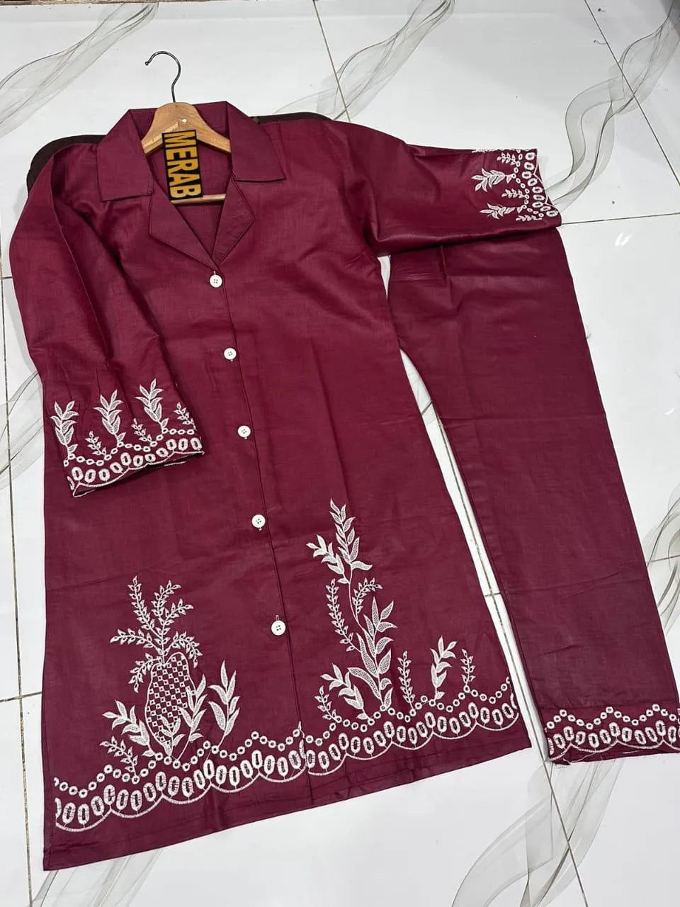2 Pcs Women's Stitched Cotton Embroidered Shirt And Trouser