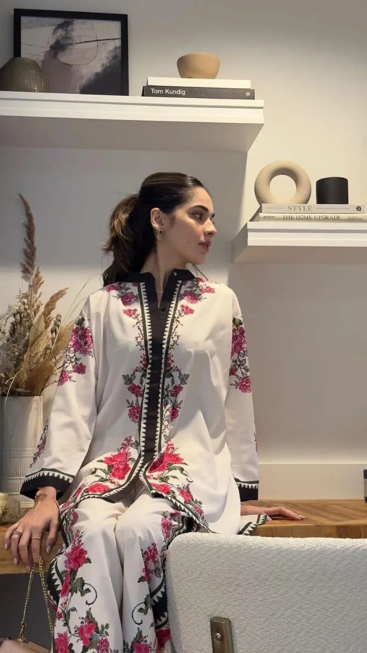 2 Pcs Women's Stitched Swiss Lawn Printed Co-Ord Set