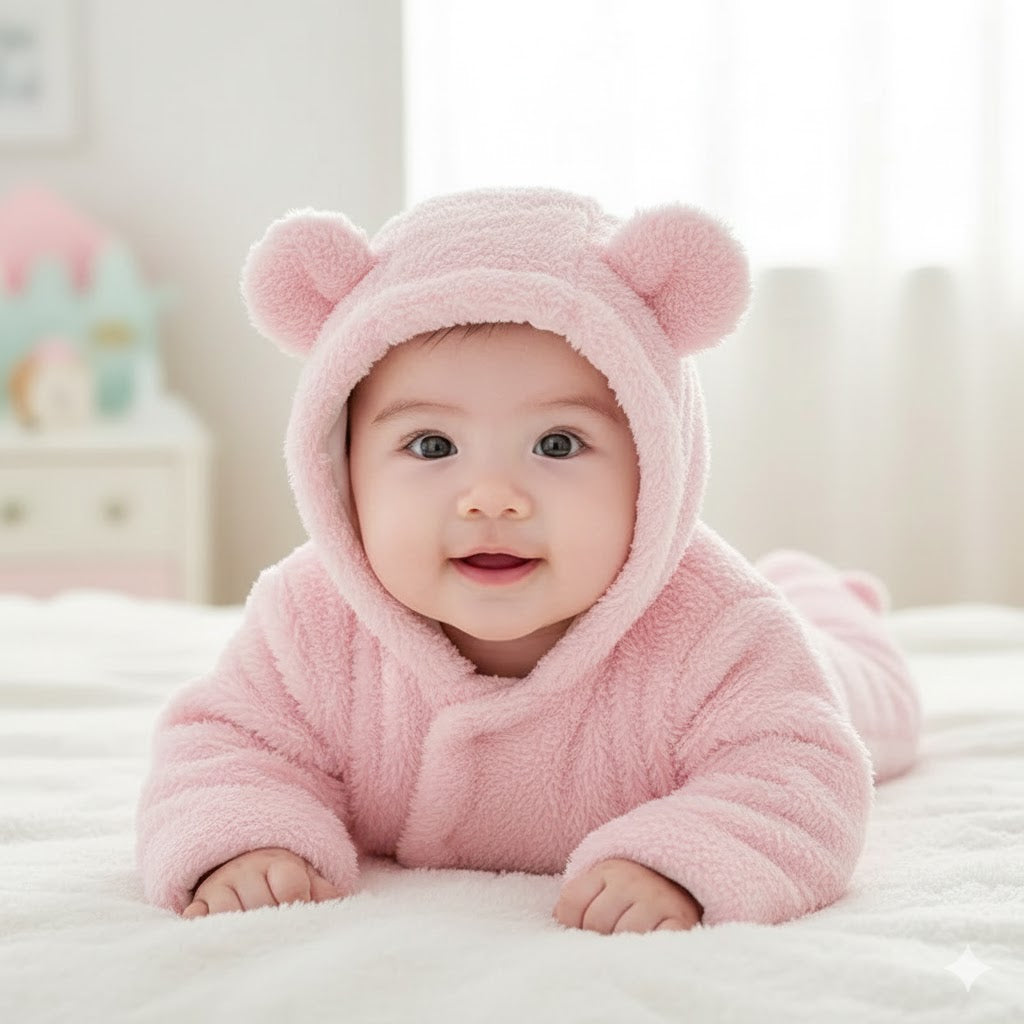 Adorable Pink Cotton Printed Hooded Onesie for Baby Girls - 1 Pc